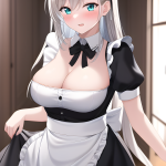 long hair original characters solo cleavage big boobs lifting clothes anime anime girls artwork digital art maid maid outfit portrait display blushing bow tie AI art