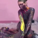 Small-titty slut gets messy with paint in room