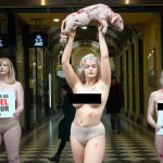Stefania Ferrario upstages vegan activist Tash Peterson at PETA protest in Melbournes Bourke Street