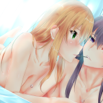 2girls aihara mei aihara yuzu citrus bilibala black hair blonde hair blush breasts citrus saburouta food green eyes long hair necklace nude pocky purple eyes yuri