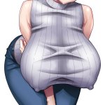 onomeshin komi shuuko komi-san wa komyushou desu absurdres highres tagme 1girl ass black hair breasts covered erect nipples denim female focus huge breasts jeans leaning forward mature female pants short hair sleeveless