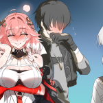 saki remainaddd changli wuthering waves jinhsi wuthering waves male rover wuthering waves rover wuthering waves wuthering waves commentary request highres 1boy 2girls arm under breasts black gloves black hair blush breasts...