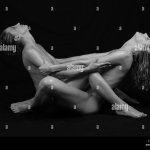 Two nude women in black and white Stock Photo