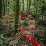 Nude People Walking Forest Red Fabric