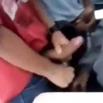 Two guys take turns to get blow jobs in class