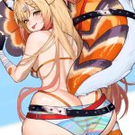 boshke ebiko vtuber indie virtual youtuber absurdres highres second-party source 1girl :p animal ears antenna hair ass belt bikini bikini bottom under shorts bikini under clothes blonde hair breasts fingerless gloves from behind gloves gradient...