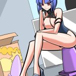 ttang16 highres 1girl anal anal object insertion ass bare legs black gloves blue hair breastless clothes breasts brown eyes dildo eyeshadow female focus full body gloves head rest high heels huge dildo
